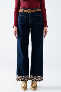 Q2 Women's Jean Dark Wash Wide Leg Jeans With Leopard Detail At The Bottom