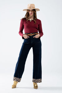 Q2 Women's Jean Dark Wash Wide Leg Jeans With Leopard Detail At The Bottom