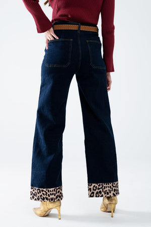 Q2 Women's Jean Dark Wash Wide Leg Jeans With Leopard Detail At The Bottom