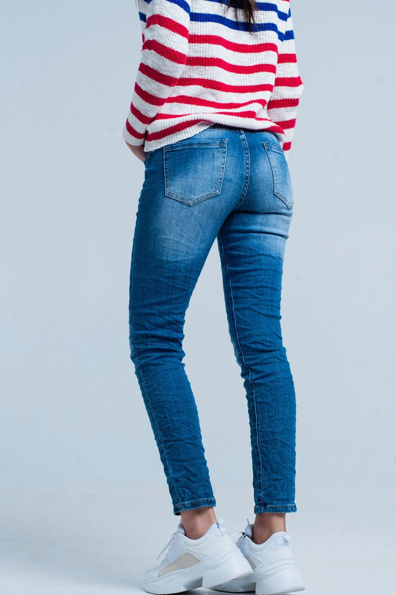 Q2 Women's Jean Dark Wash Wrinkled Skinny Jeans