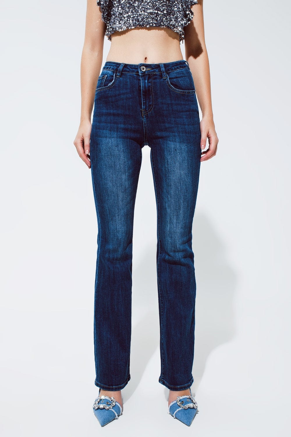 Q2 Women's Jean Denim Jeans Flaire In Dark Blue Wash