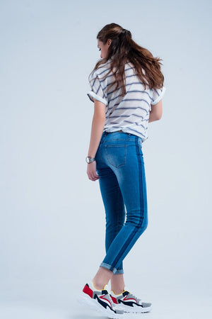 Q2 Women's Jean Denim Jeans with Blue Side Stripe