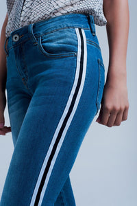 Q2 Women's Jean Denim Jeans with Crinkled Legs and Side Stripe