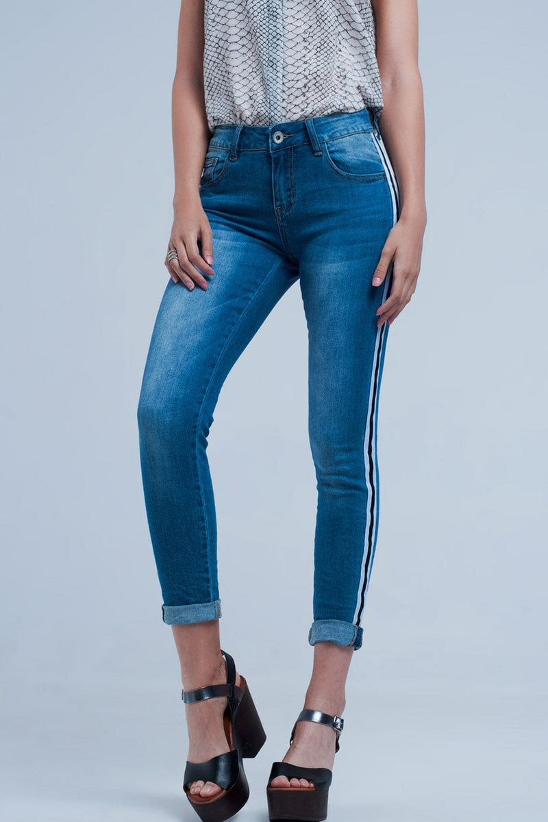 Q2 Women's Jean Denim Jeans with Crinkled Legs and Side Stripe