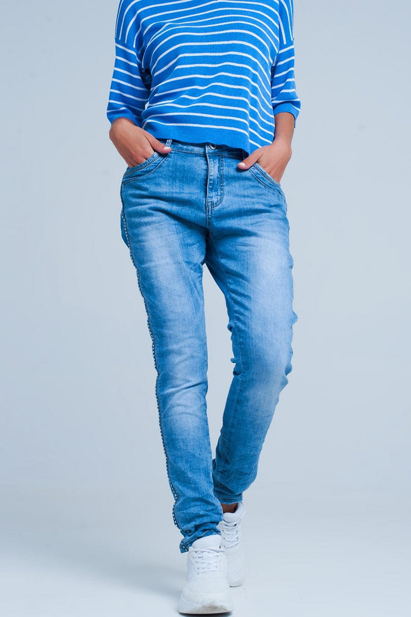 Q2 Women's Jean Embellished Side Boyfriend Jeans