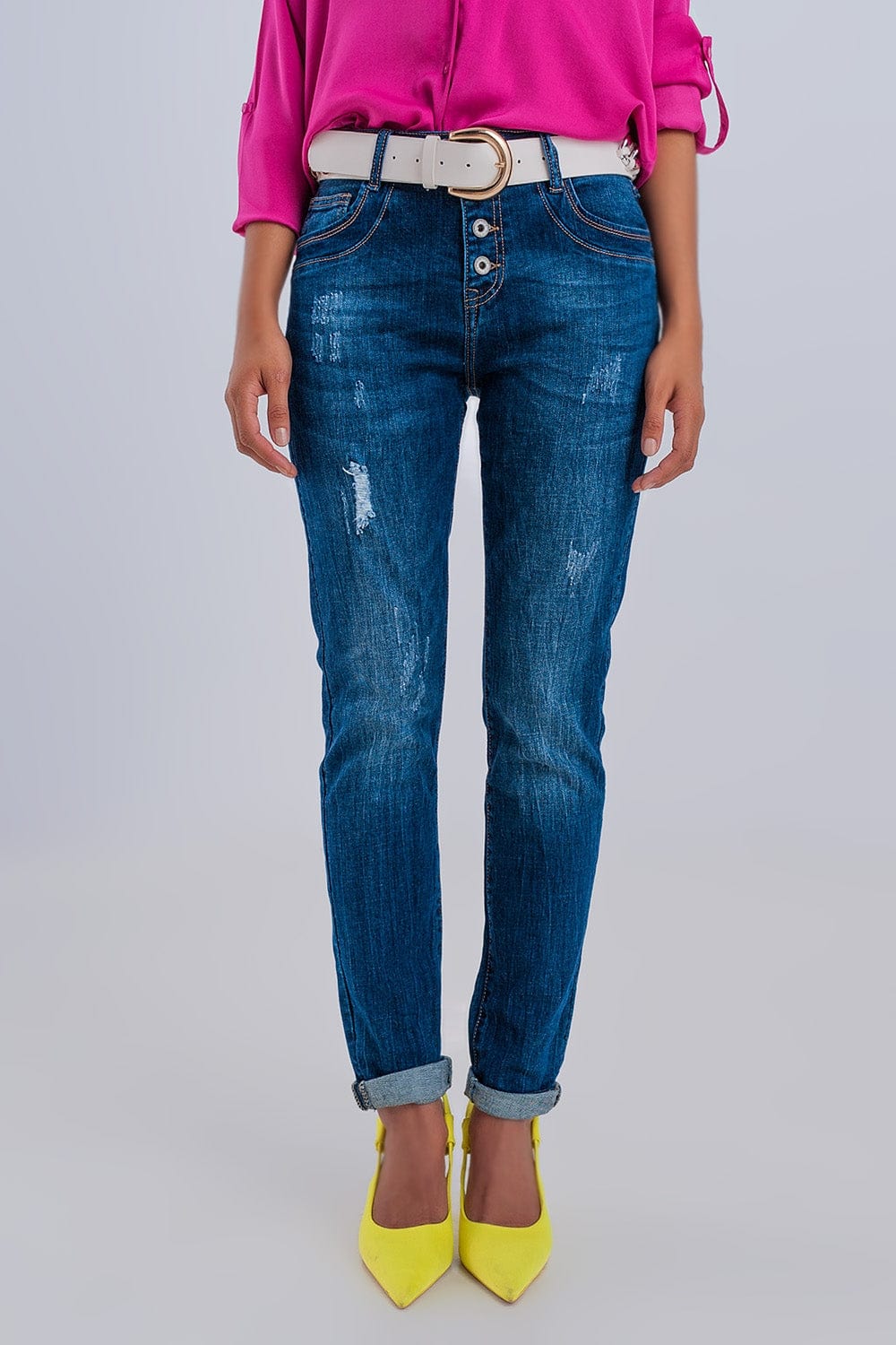 Q2 Women's Jean Exposed Button Ripped Boyfriend Jean in Dark Blue