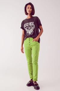 Q2 Women's Jean Exposed Buttons Skinny Jeans in Green