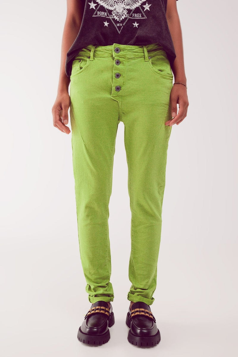 Q2 Women's Jean Exposed Buttons Skinny Jeans in Green