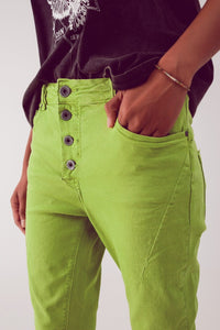 Q2 Women's Jean Exposed Buttons Skinny Jeans in Green