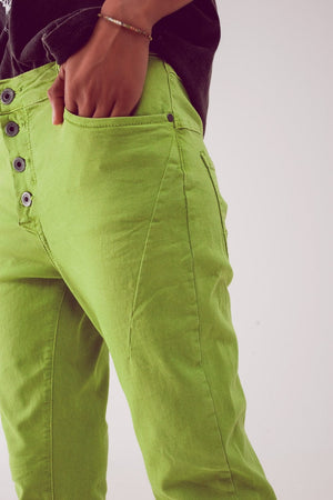 Q2 Women's Jean Exposed Buttons Skinny Jeans in Green