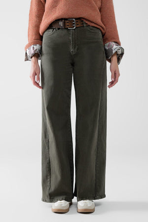 Q2 Women's Jean Extra Wide Leg Pants In Olive Green Color