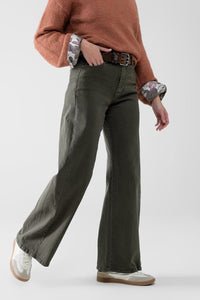 Q2 Women's Jean Extra Wide Leg Pants In Olive Green Color