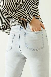 Q2 Women's Jean Five Pockets Mom Jeans Wash Effect With Folded Hem