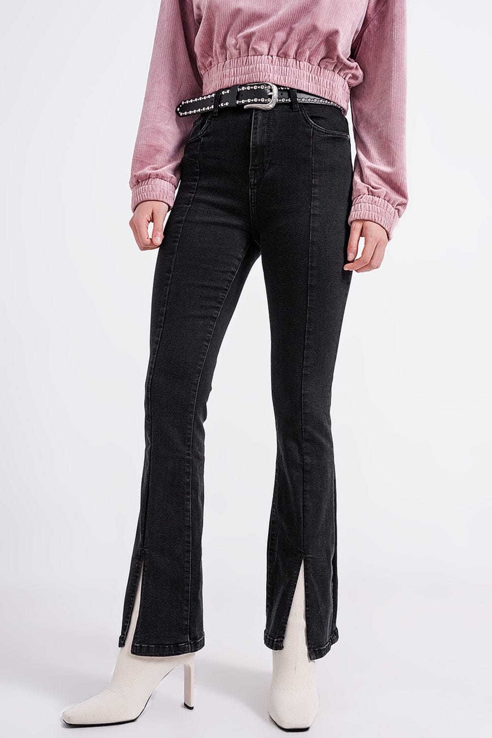 Q2 Women's Jean Flare Black Jeans with Split Hem