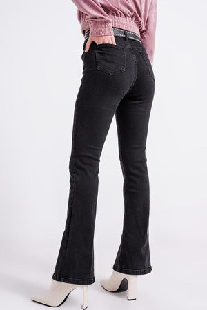 Q2 Women's Jean Flare Black Jeans with Split Hem