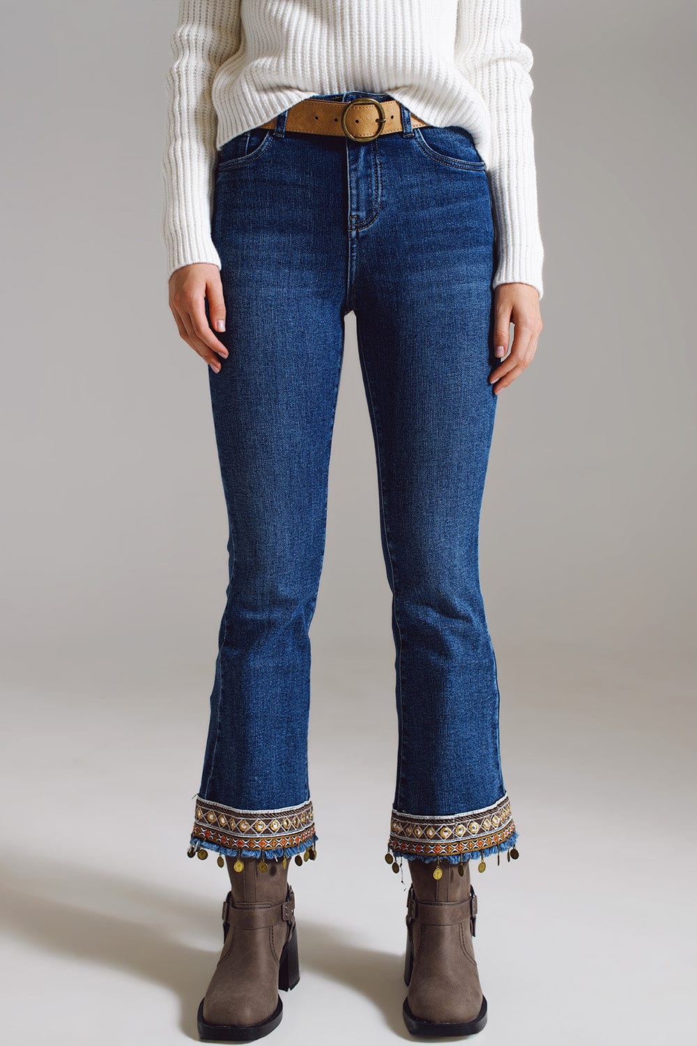 Q2 Women's Jean Flare Jeans With Embellished Hem