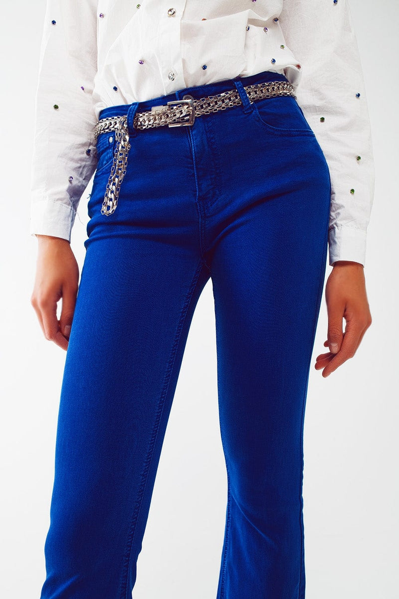 Q2 Women's Jean Flare Jeans With Raw Hem Edge In Blue