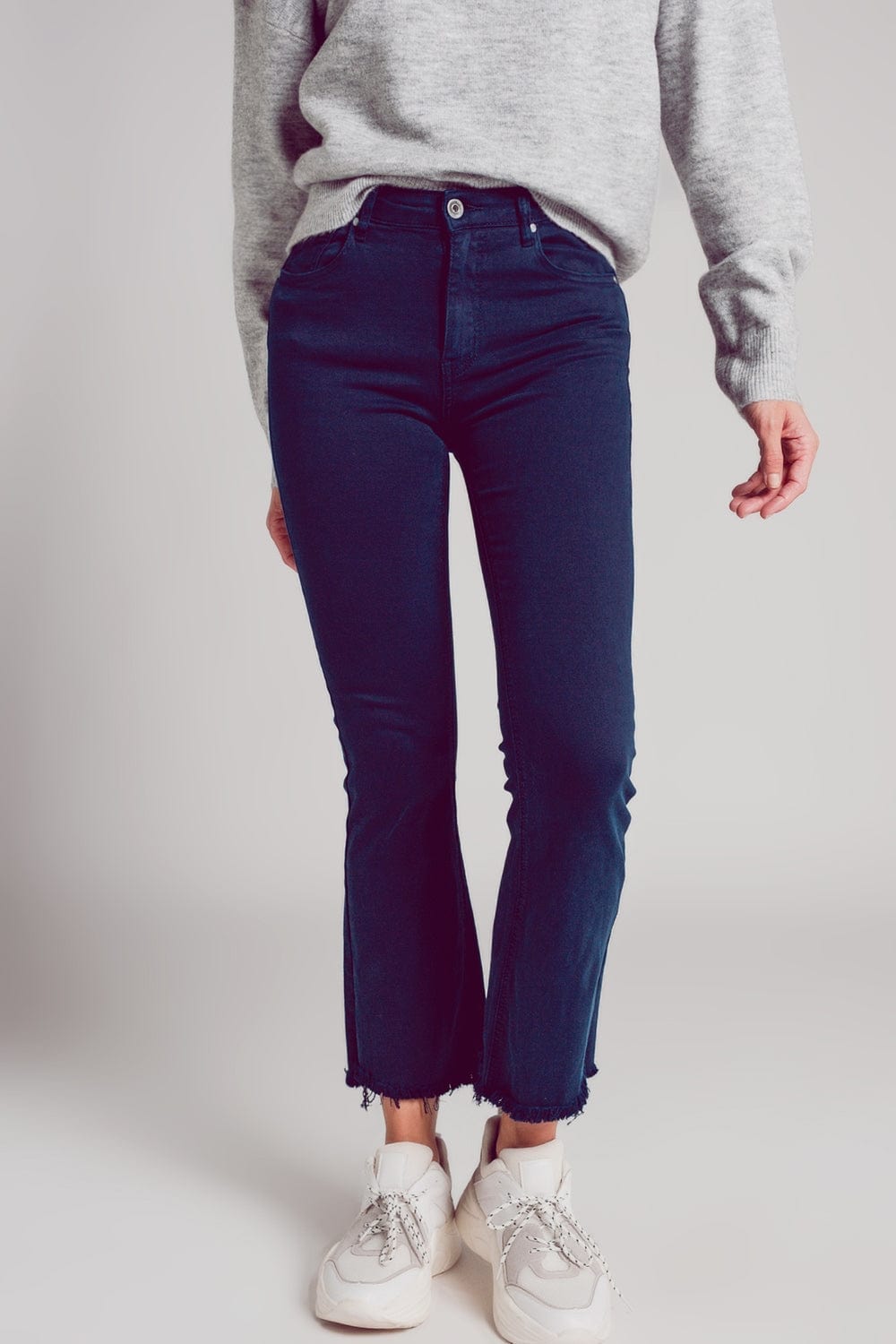Q2 Women's Jean Flare Jeans With Raw Hem Edge In Blue Ink