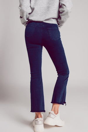 Q2 Women's Jean Flare Jeans With Raw Hem Edge In Blue Ink