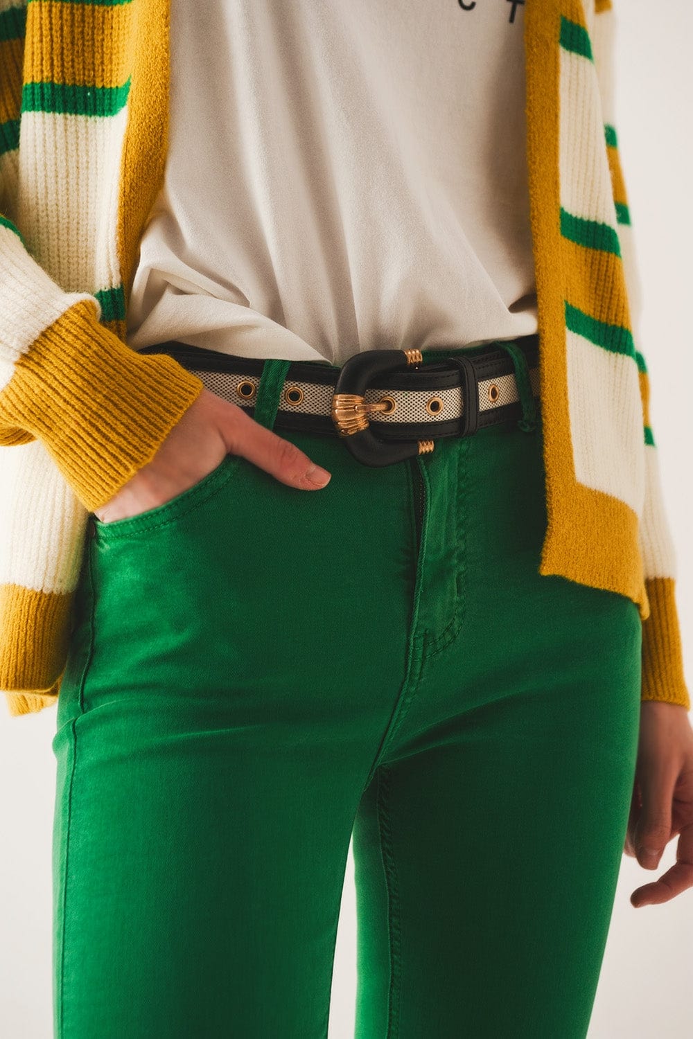 Q2 Women's Jean Flare Jeans With Raw Hem Edge In Bright Green