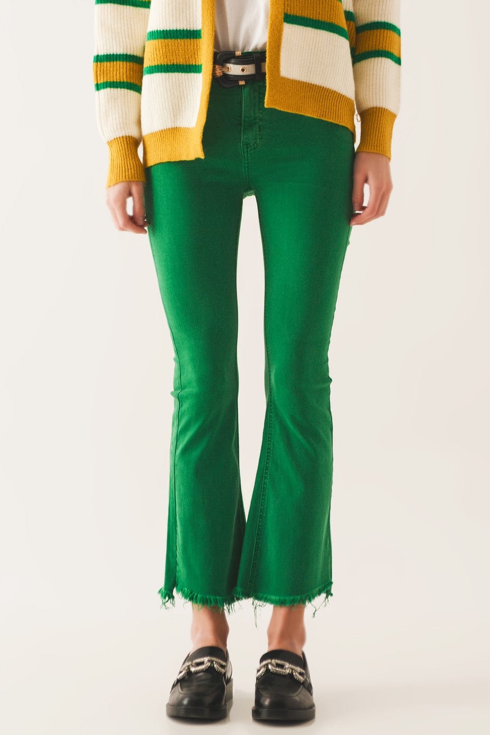 Q2 Women's Jean Flare Jeans With Raw Hem Edge In Bright Green