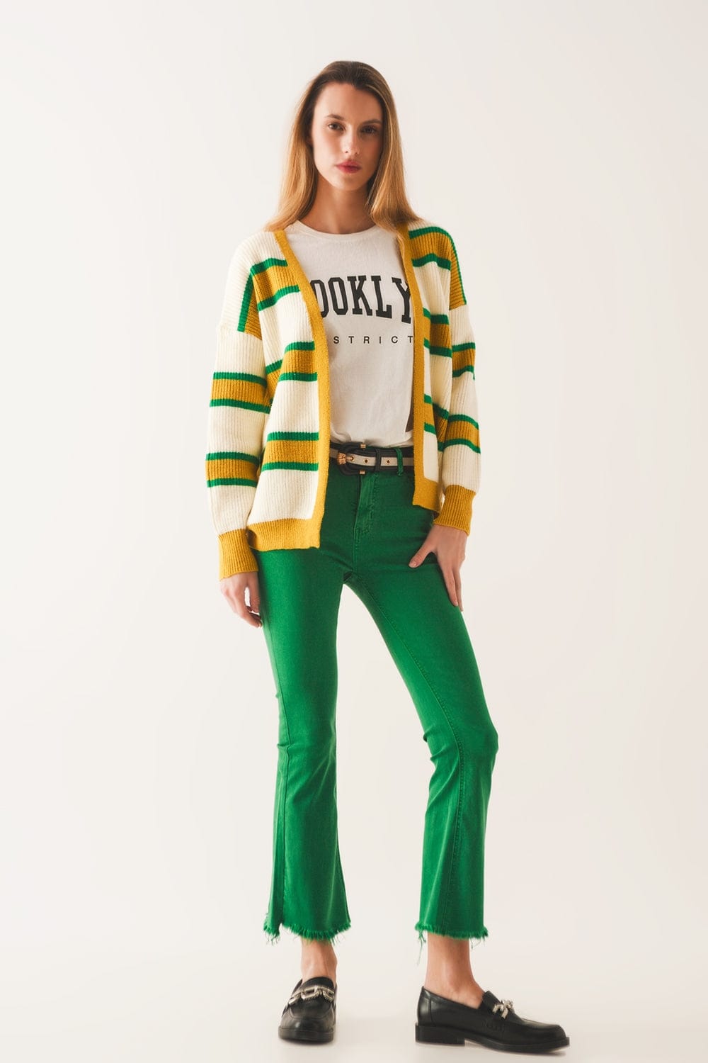 Q2 Women's Jean Flare Jeans With Raw Hem Edge In Bright Green