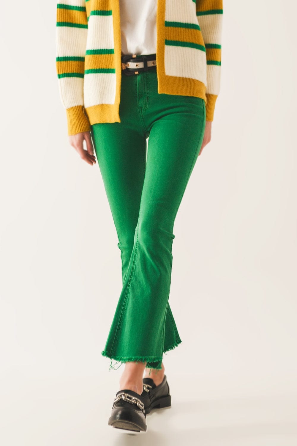 Q2 Women's Jean Flare Jeans With Raw Hem Edge In Bright Green