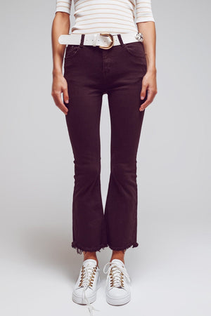 Q2 Women's Jean Flare Jeans With Raw Hem Edge In Brown