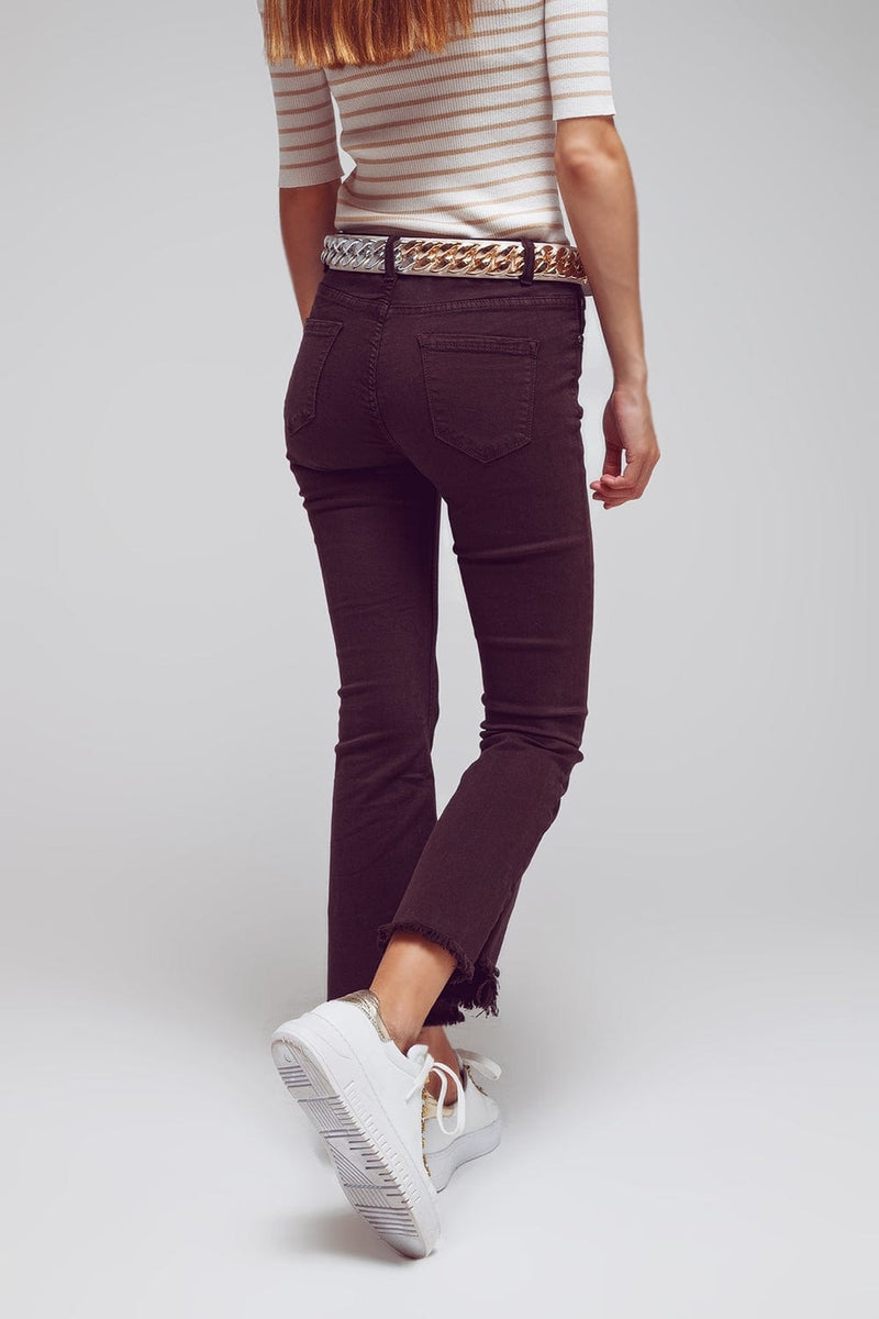 Q2 Women's Jean Flare Jeans With Raw Hem Edge In Brown