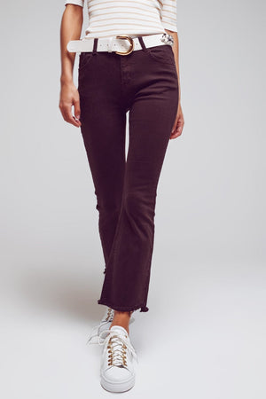 Q2 Women's Jean Flare Jeans With Raw Hem Edge In Brown