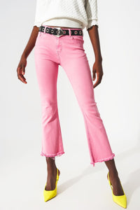 Q2 Women's Jean Flare Jeans With Raw Hem Edge In Bubblegum Pink