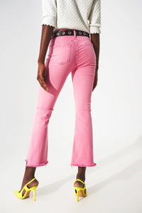 Q2 Women's Jean Flare Jeans With Raw Hem Edge In Bubblegum Pink