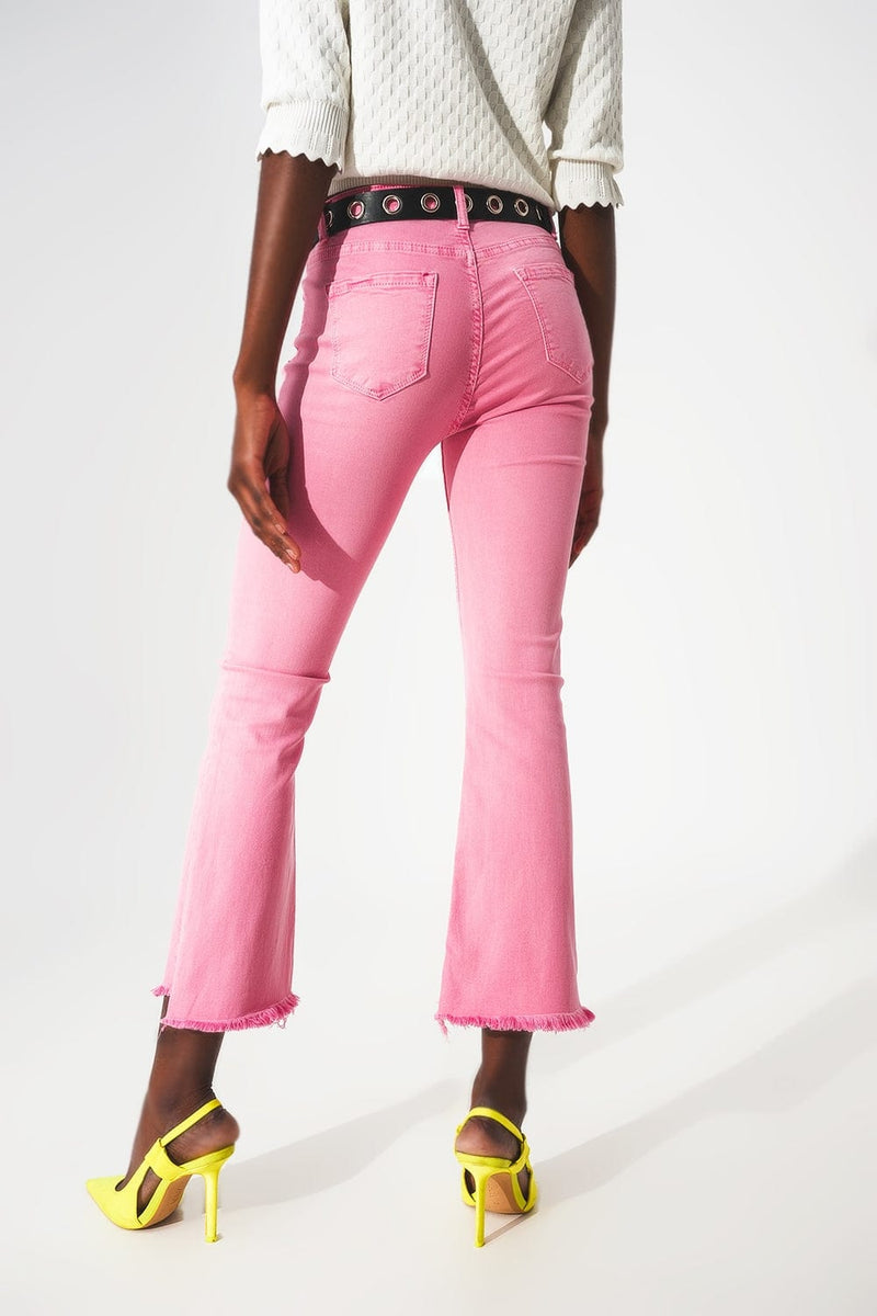 Q2 Women's Jean Flare Jeans With Raw Hem Edge In Bubblegum Pink