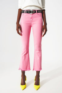 Q2 Women's Jean Flare Jeans With Raw Hem Edge In Bubblegum Pink