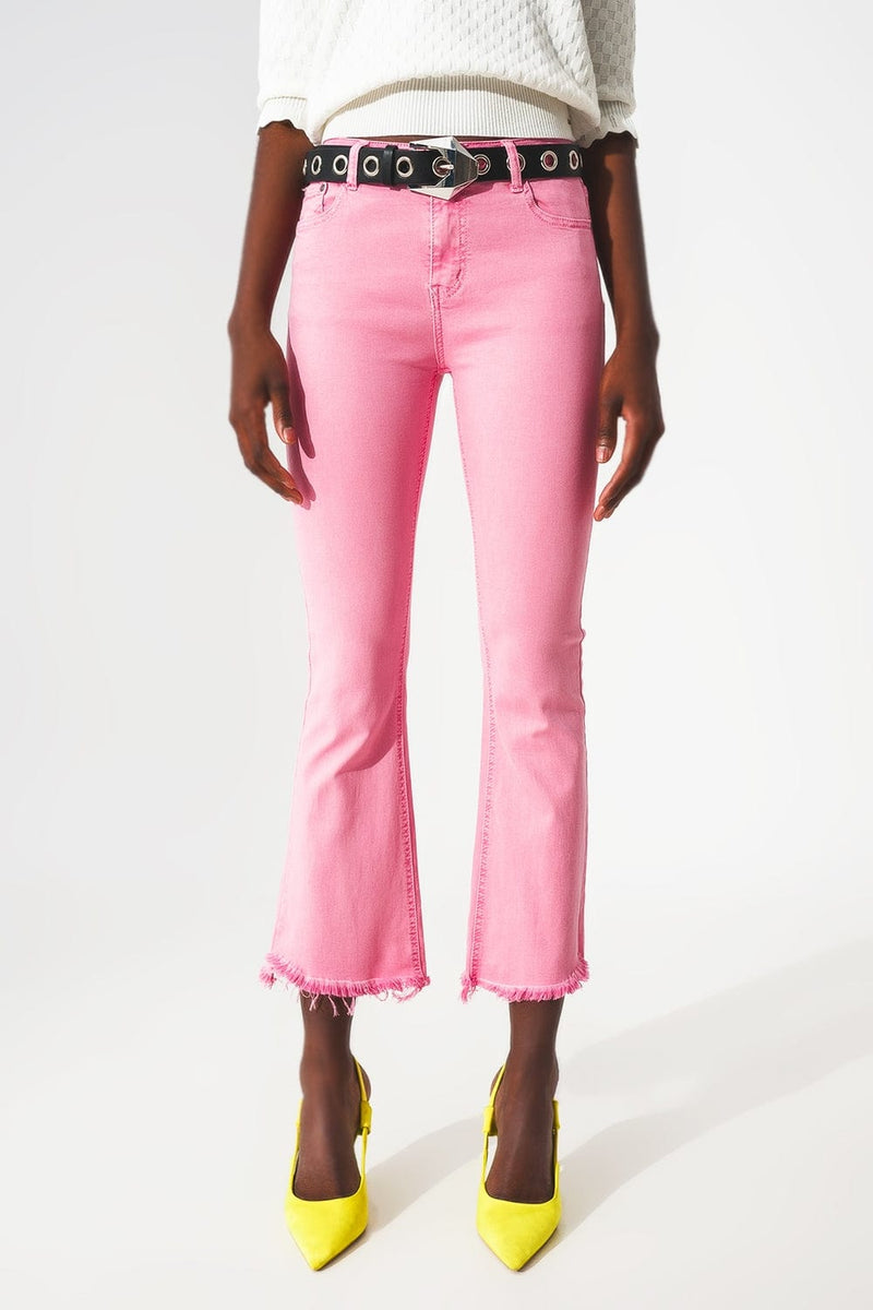 Q2 Women's Jean Flare Jeans With Raw Hem Edge In Bubblegum Pink