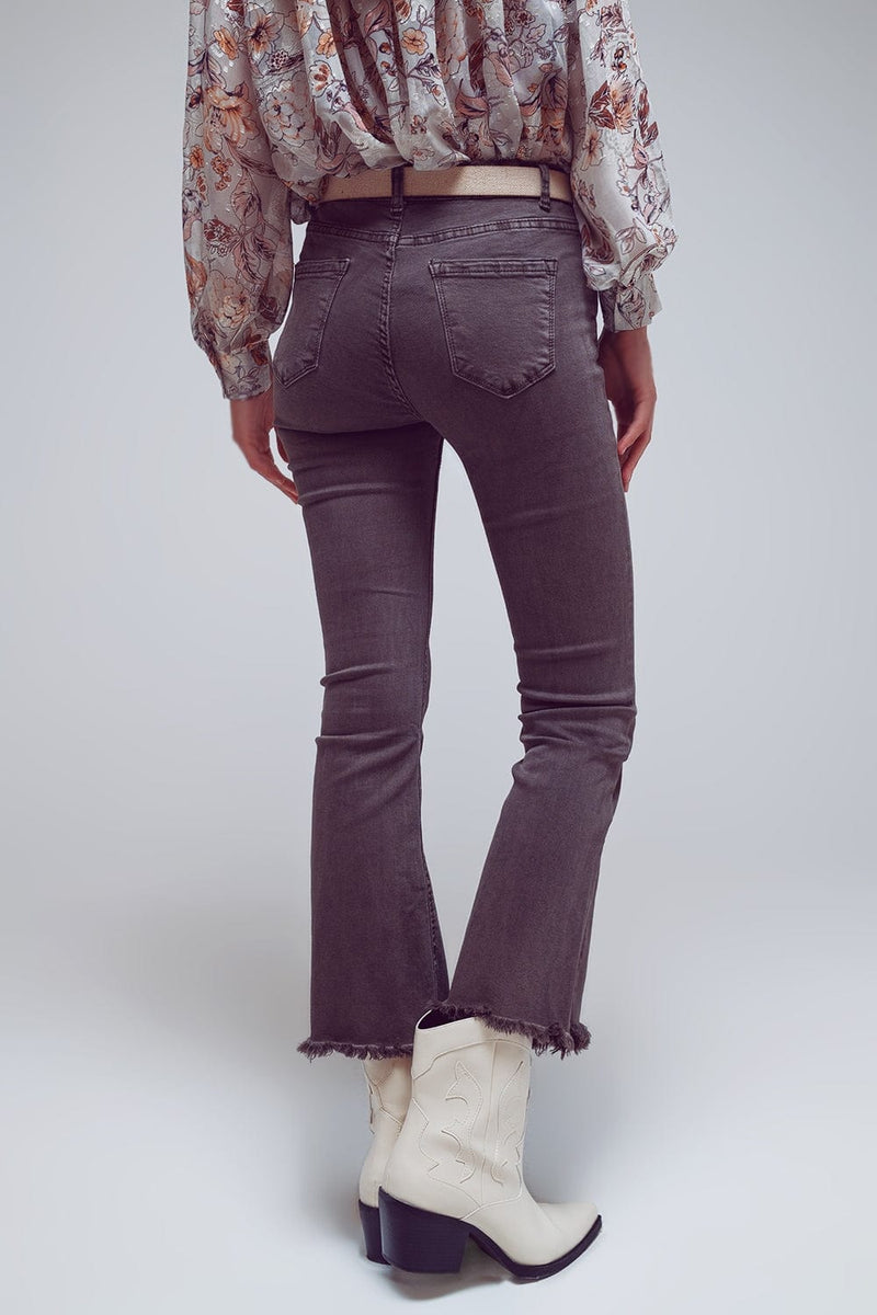 Q2 Women's Jean Flare Jeans With Raw Hem Edge In Dark Grey