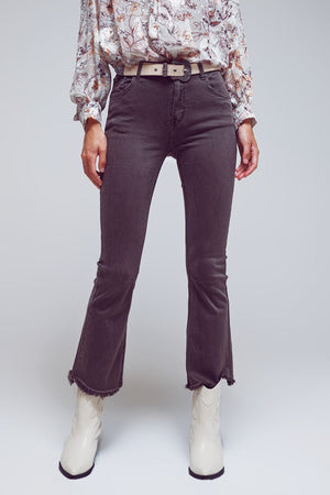 Q2 Women's Jean Flare Jeans With Raw Hem Edge In Dark Grey