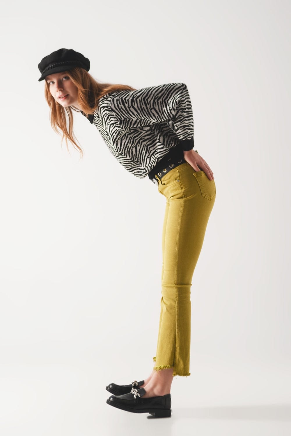 Q2 Women's Jean Flare Jeans with Raw Hem Edge in Green