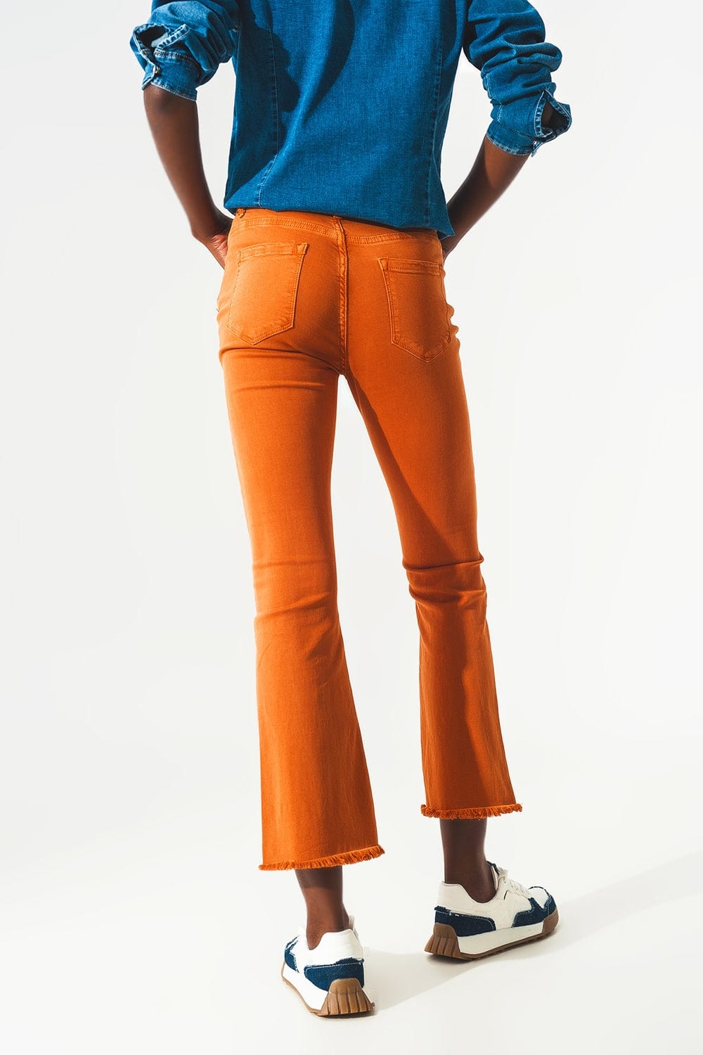 Q2 Women's Jean Flare Jeans With Raw Hem Edge In Orange