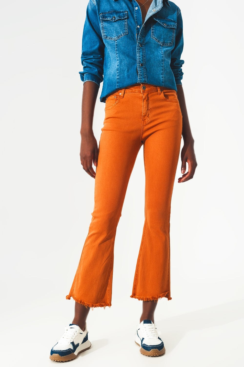 Q2 Women's Jean Flare Jeans With Raw Hem Edge In Orange