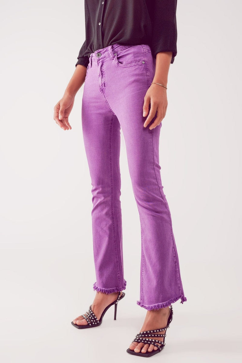 Q2 Women's Jean Flare Jeans with Raw Hem Edge in Purple