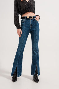 Q2 Women's Jean Flare Jeans with Split Hem