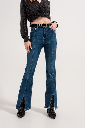 Q2 Women's Jean Flare Jeans with Split Hem