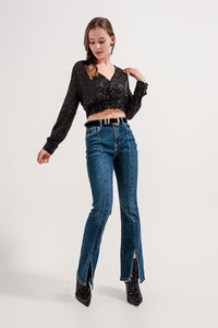 Q2 Women's Jean Flare Jeans with Split Hem