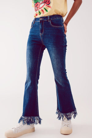 Q2 Women's Jean Flare Straight Leg Jeans with Raw Hem Edge in Deep Blue