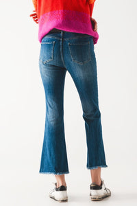 Q2 Women's Jean Flared Jeans With Raw Edge In Mid Wash