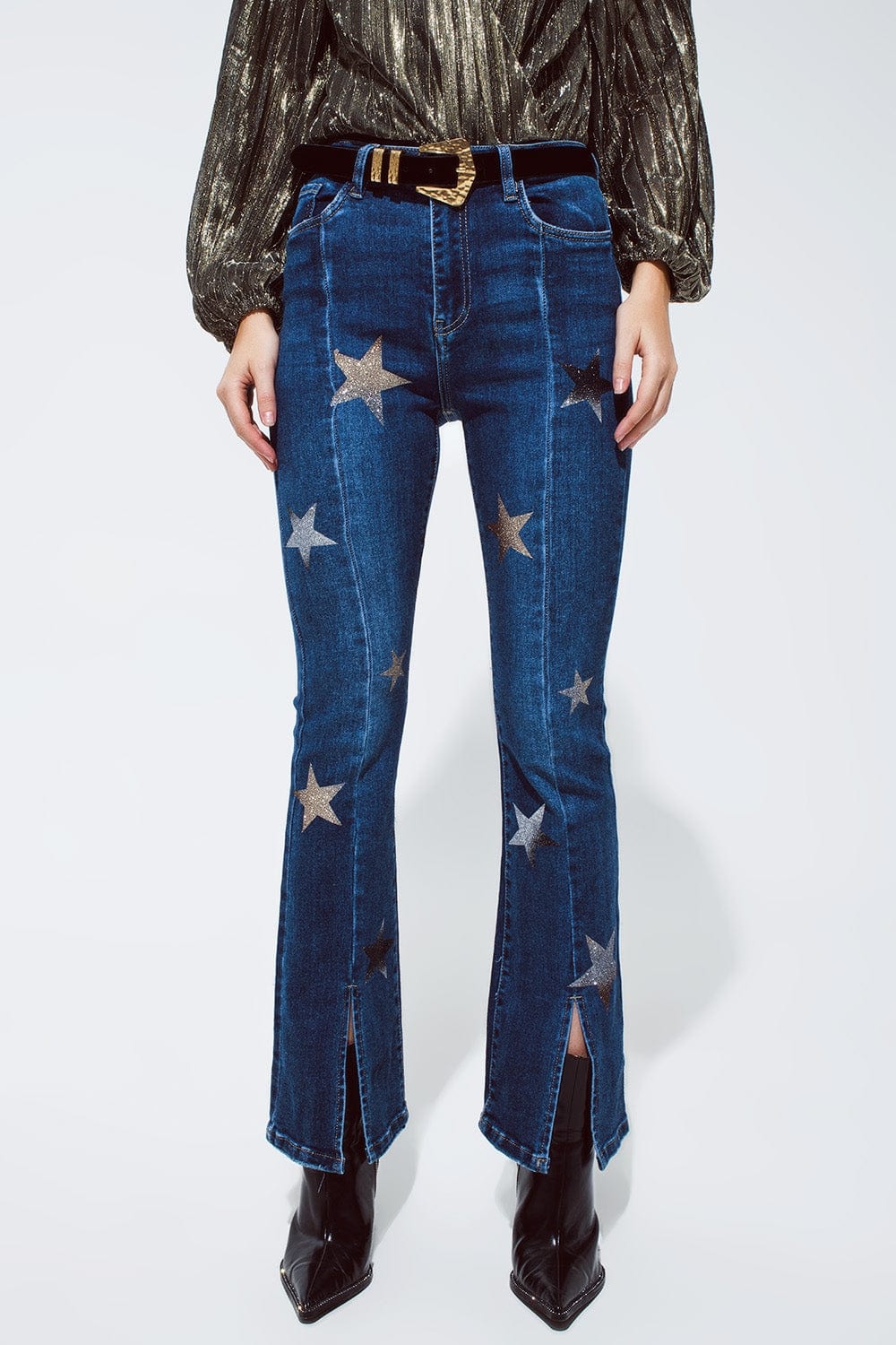Q2 Women's Jean Flared Jeans With Shiny Stars Detail In Blue