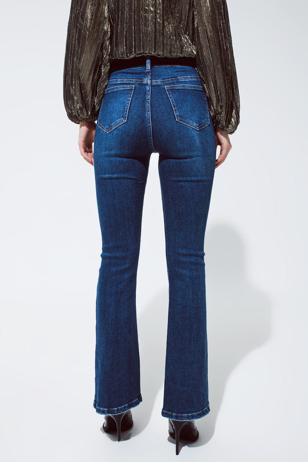 Q2 Women's Jean Flared Jeans With Shiny Stars Detail In Blue