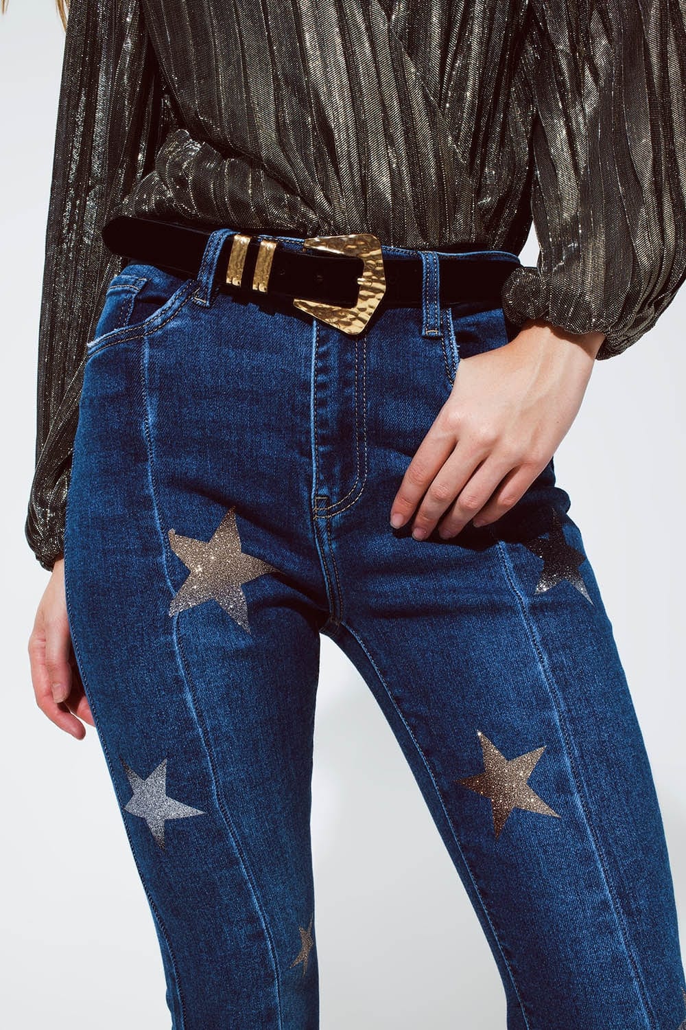 Q2 Women's Jean Flared Jeans With Shiny Stars Detail In Blue