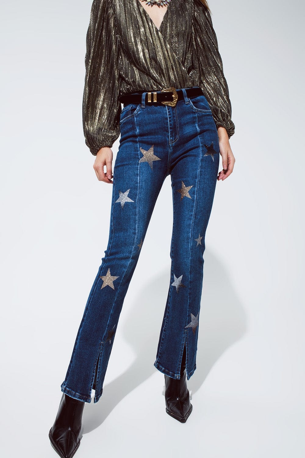 Q2 Women's Jean Flared Jeans With Shiny Stars Detail In Blue